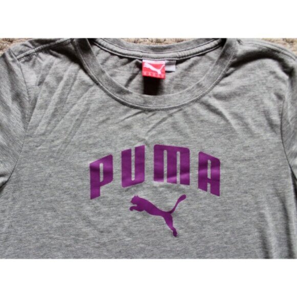 Womens Puma Crew Neck Purple Graphic Logo Tee Shirt Top Medium Heathered Gray - Picture 2 of 5